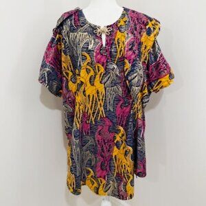 ROCO Africa Batik-Style Antelope Print Kaftan Tunic Dress Notched Hem Sash